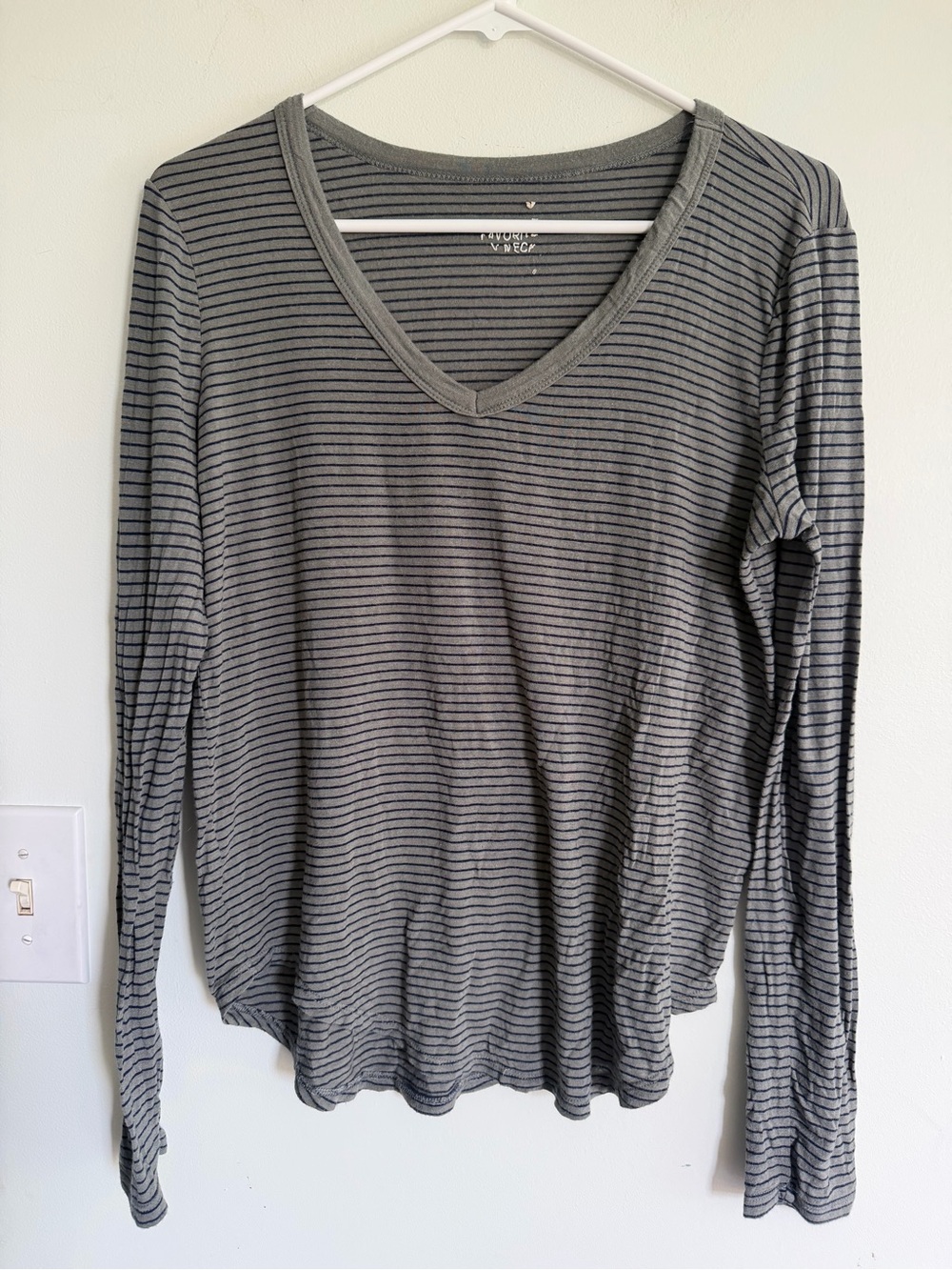 American Eagle Striped V-Neck Long Sleeve Top - Green & Navy